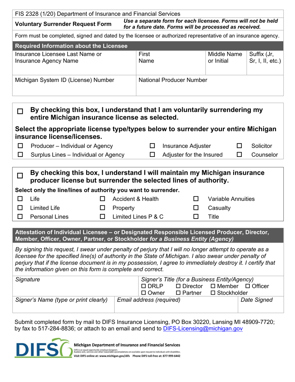 Form FIS2328 Voluntary Surrender Request Form - Michigan, Page 1