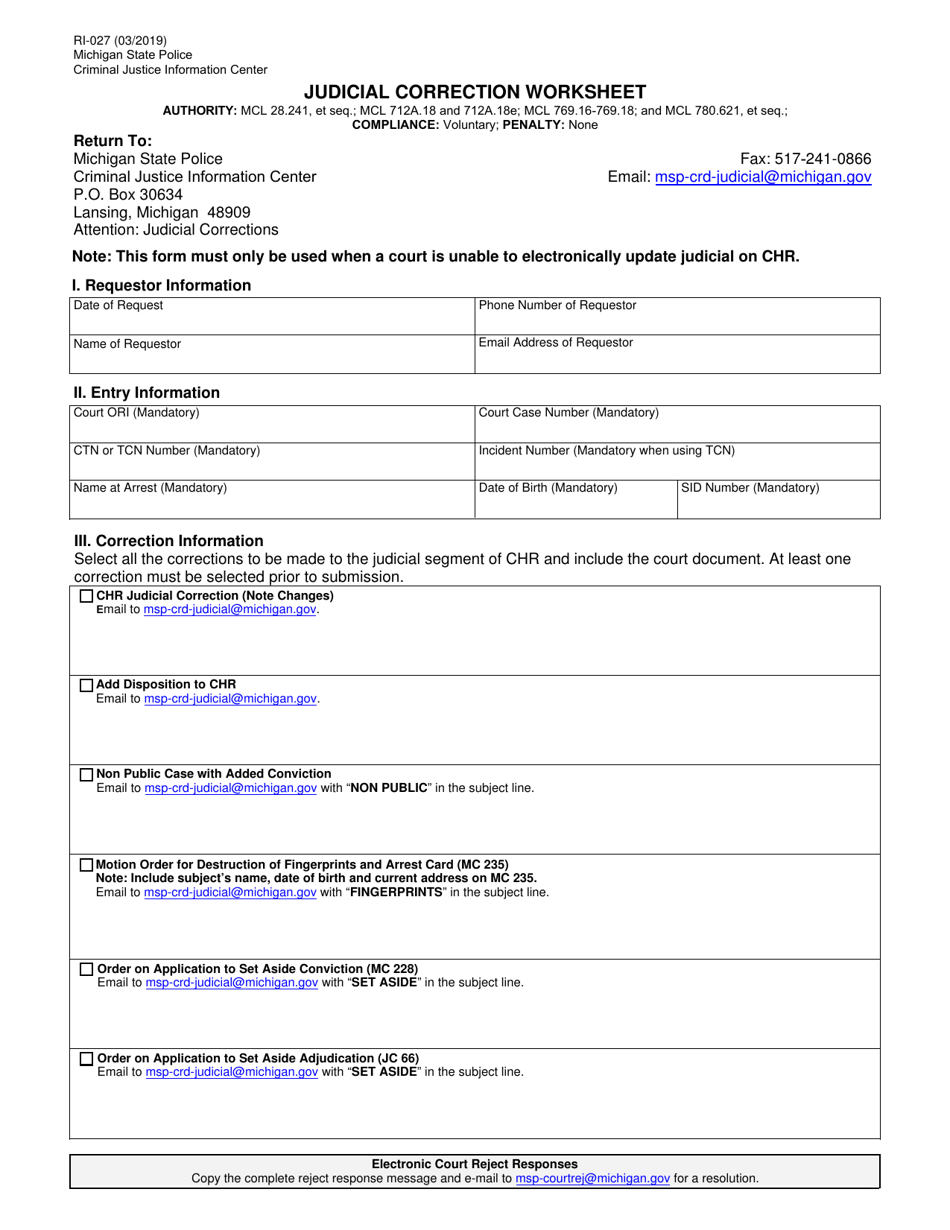 Form RI-027 Judicial Correction Worksheet - Michigan, Page 1