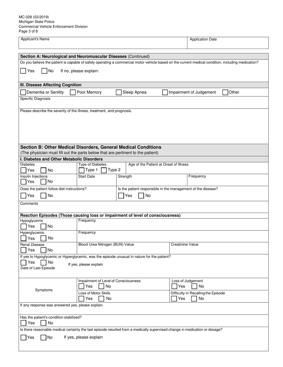 Form MC-028 Physicians Statement of Examination - Michigan, Page 3
