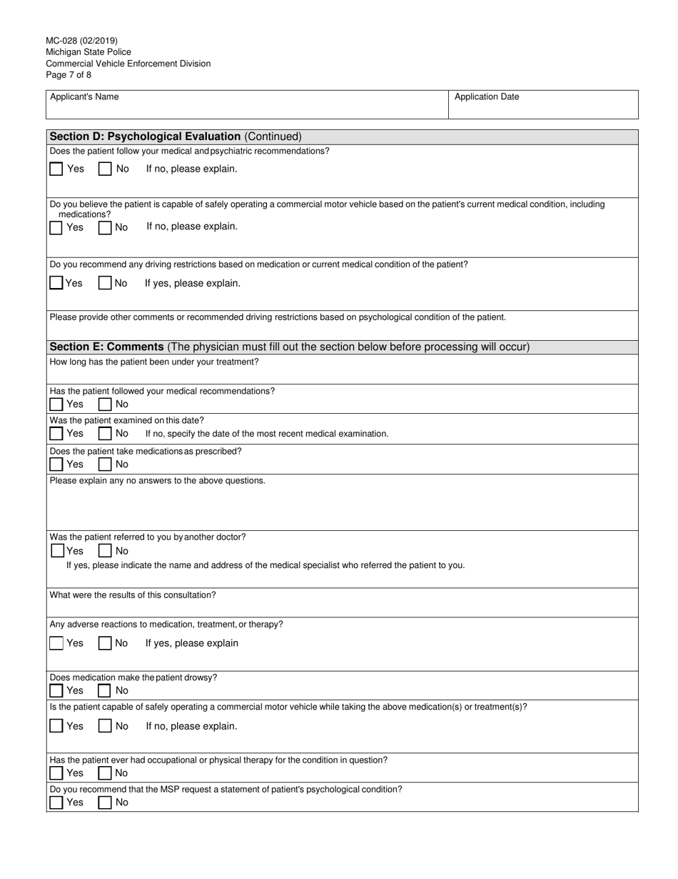 Form MC-028 Physicians Statement of Examination - Michigan, Page 7