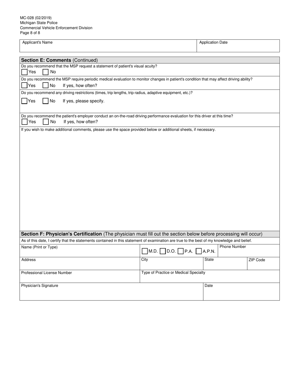 Form MC-028 Physicians Statement of Examination - Michigan, Page 8