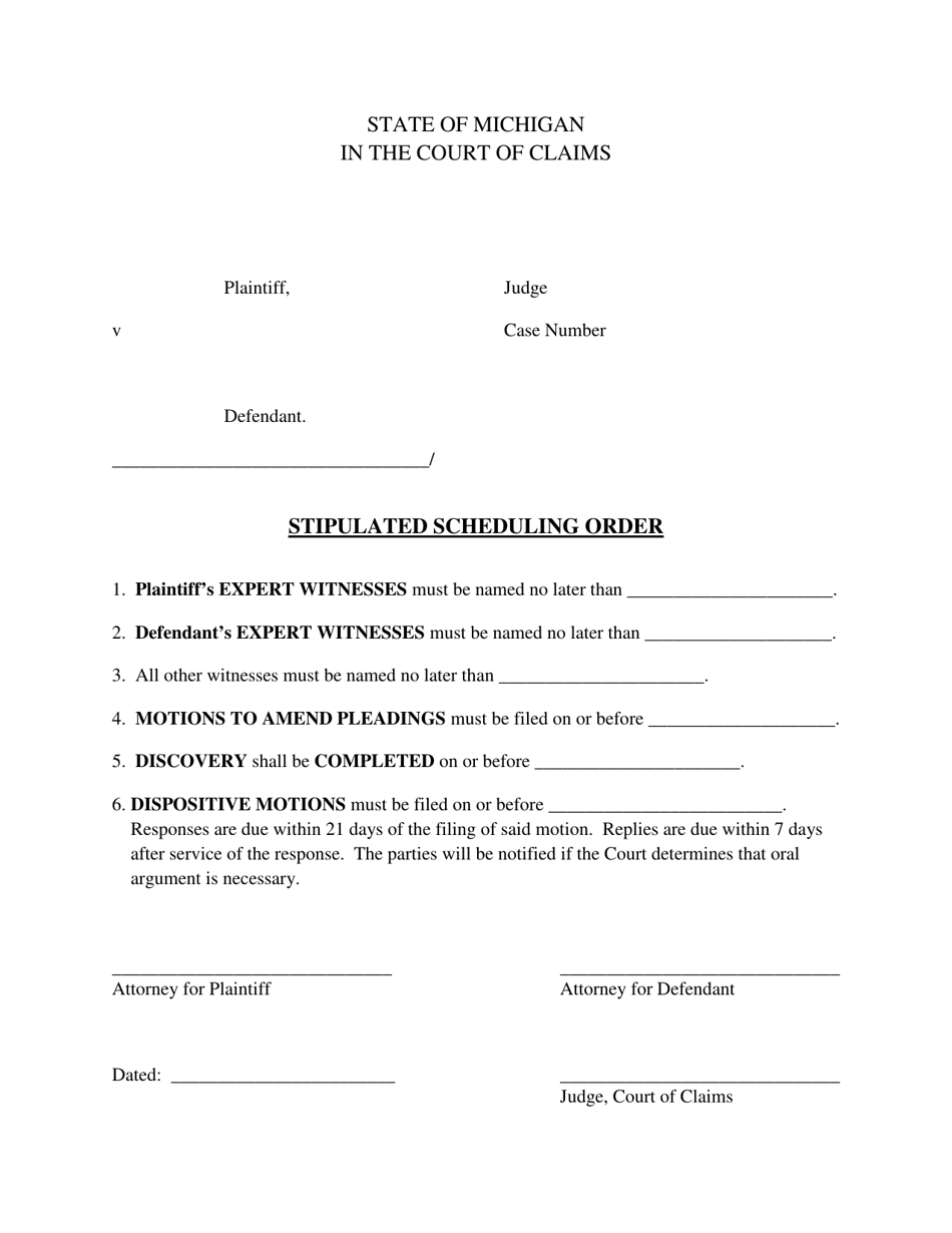 Stipulated Scheduling Order - Michigan, Page 1