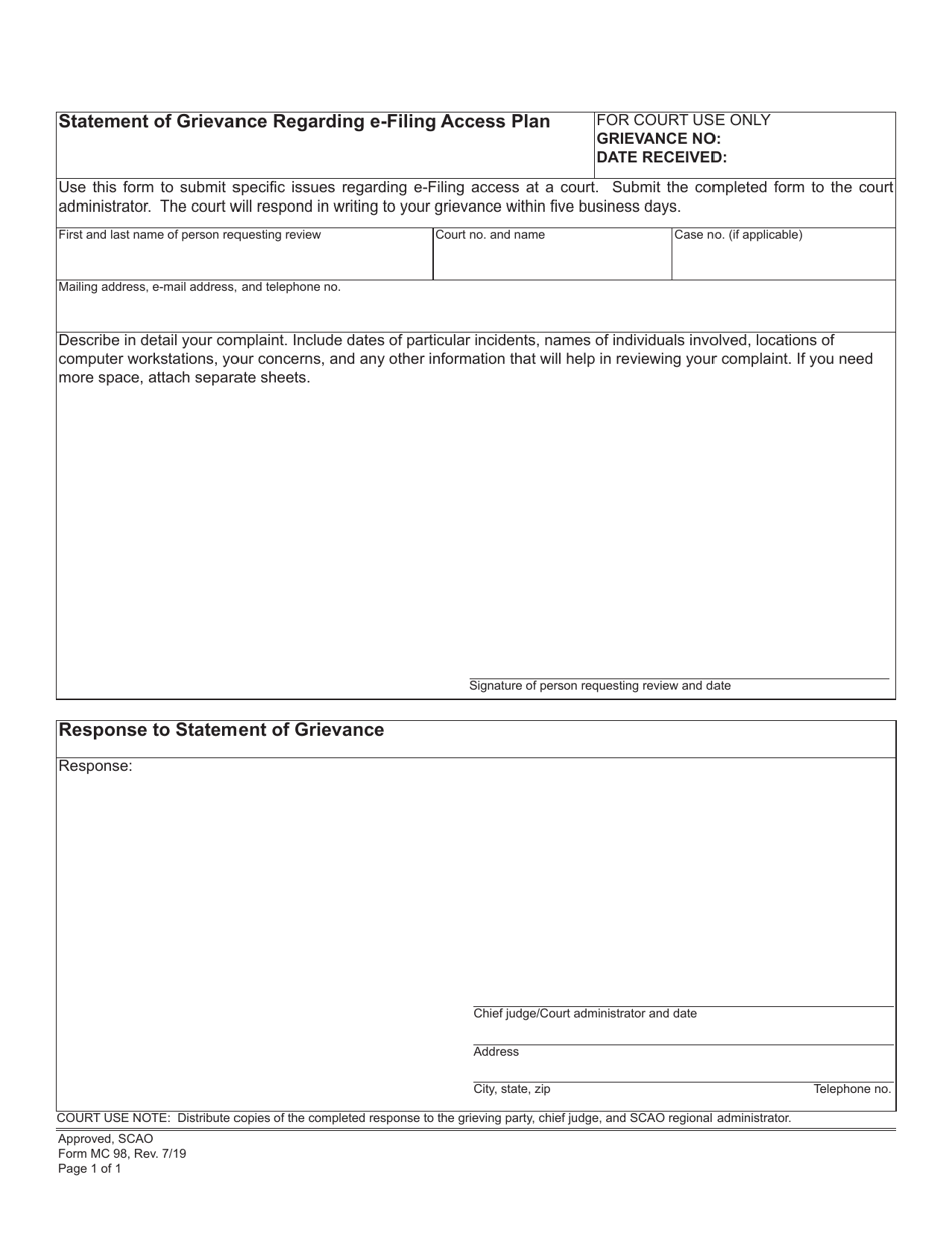 Form MC98 Statement of Grievance Regarding E-Filing Access Plan - Michigan, Page 1