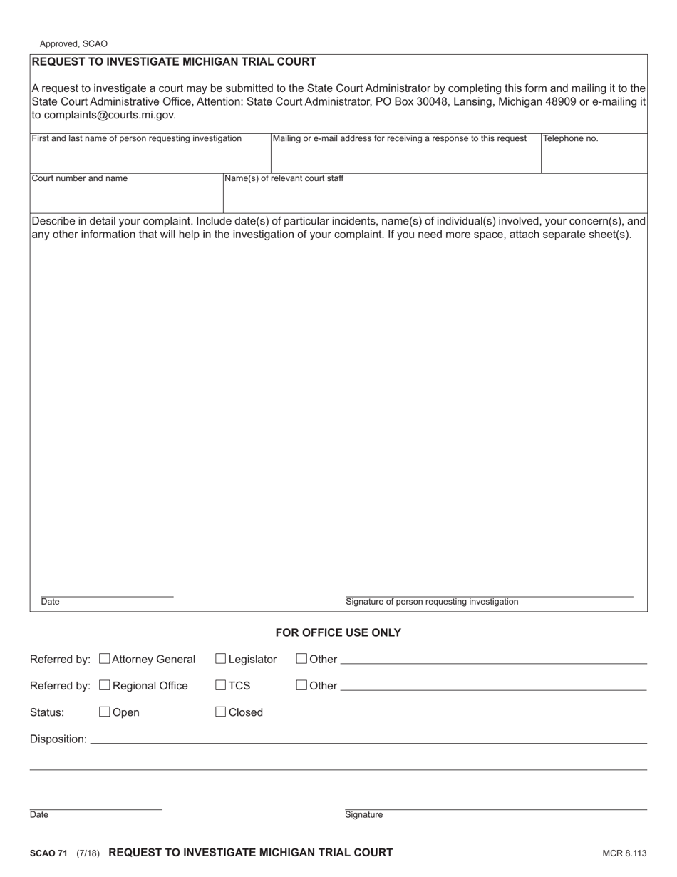 Form SCAO71 Request to Investigate Michigan Trial Court - Michigan, Page 1