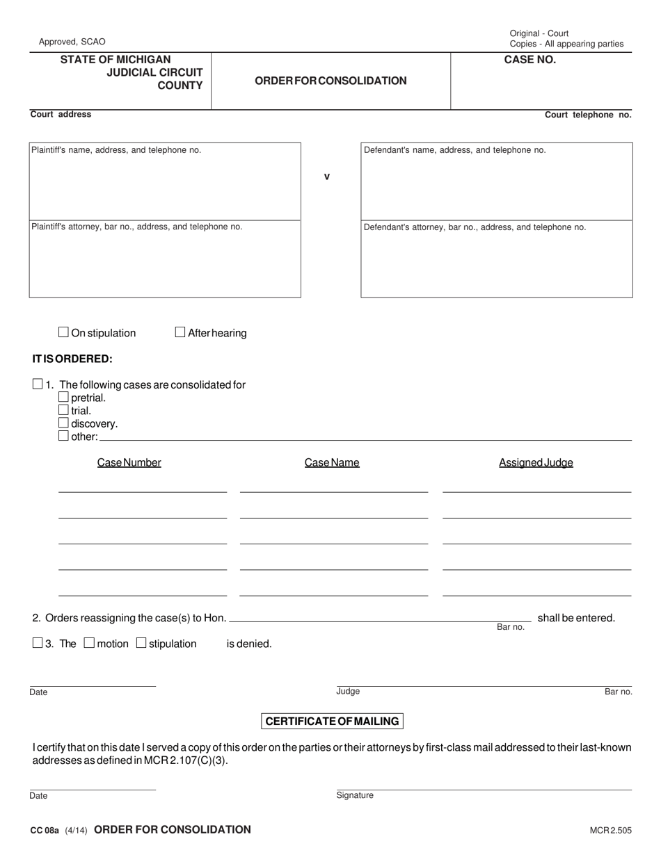 Form CC08A Order for Consolidation - Michigan, Page 1