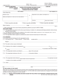 Document preview: Form CC382A Order After Hearing on Show Cause for Violating Valid Personal/ Foreign Protection Order - Michigan