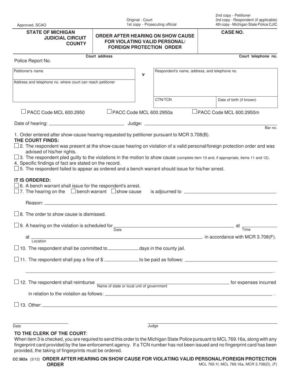 Form CC382A Order After Hearing on Show Cause for Violating Valid Personal / Foreign Protection Order - Michigan, Page 1