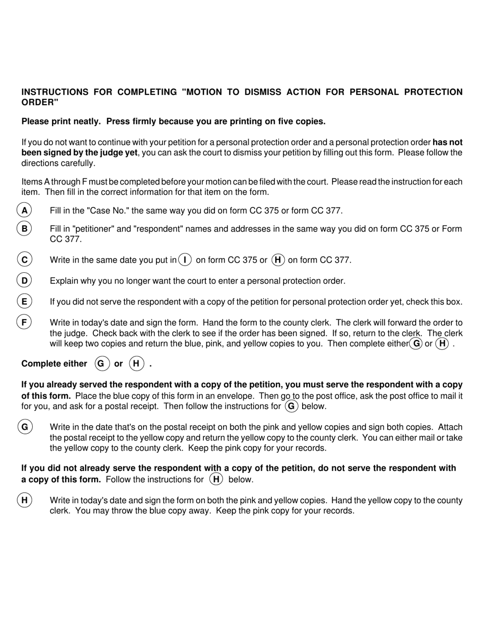 Form CC378 Motion and Order to Dismiss Action for Personal Protection Order - Michigan, Page 3