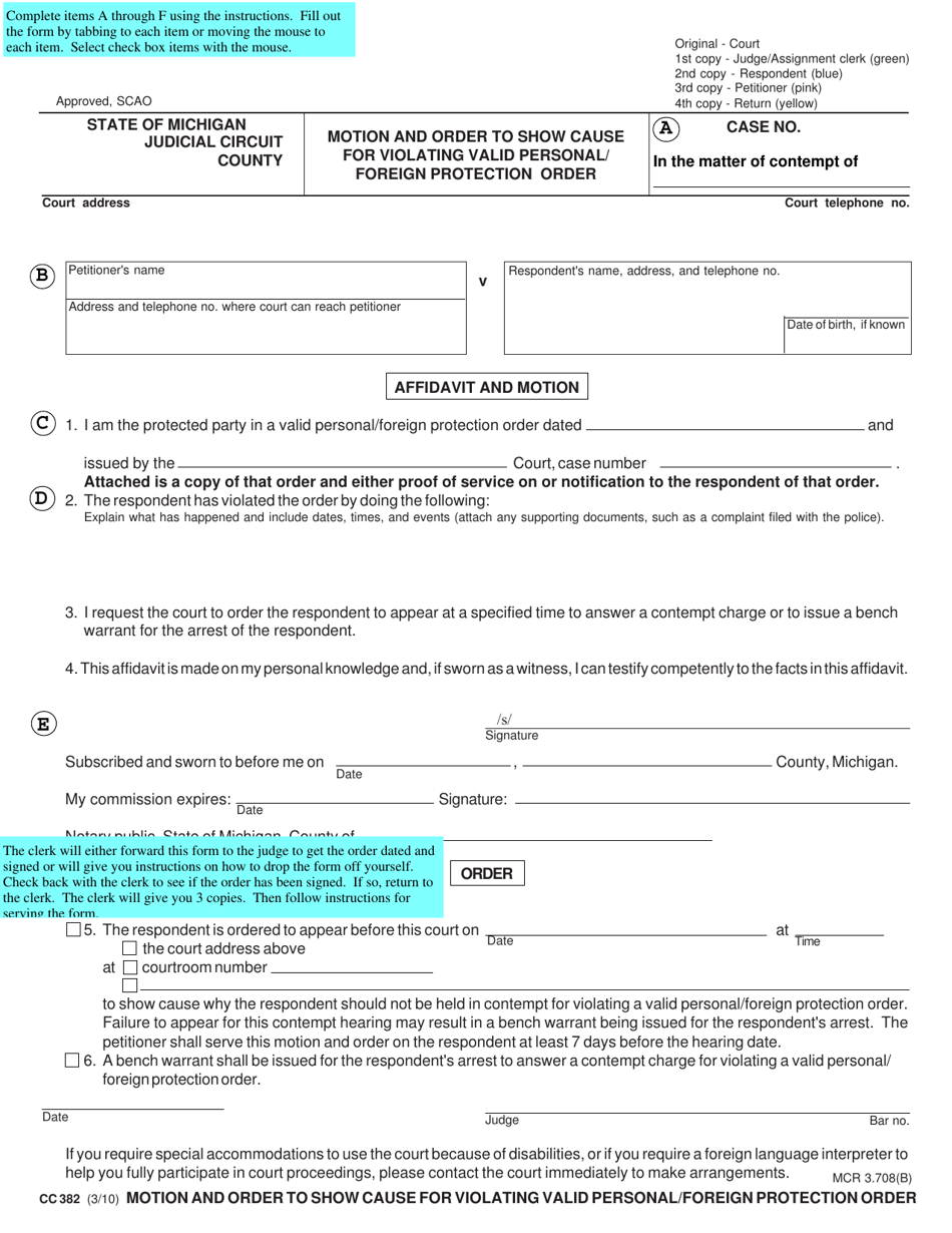Form CC382 Motion and Order to Show Cause for Violating Valid Personal / Foreign Protection Order - Michigan, Page 3
