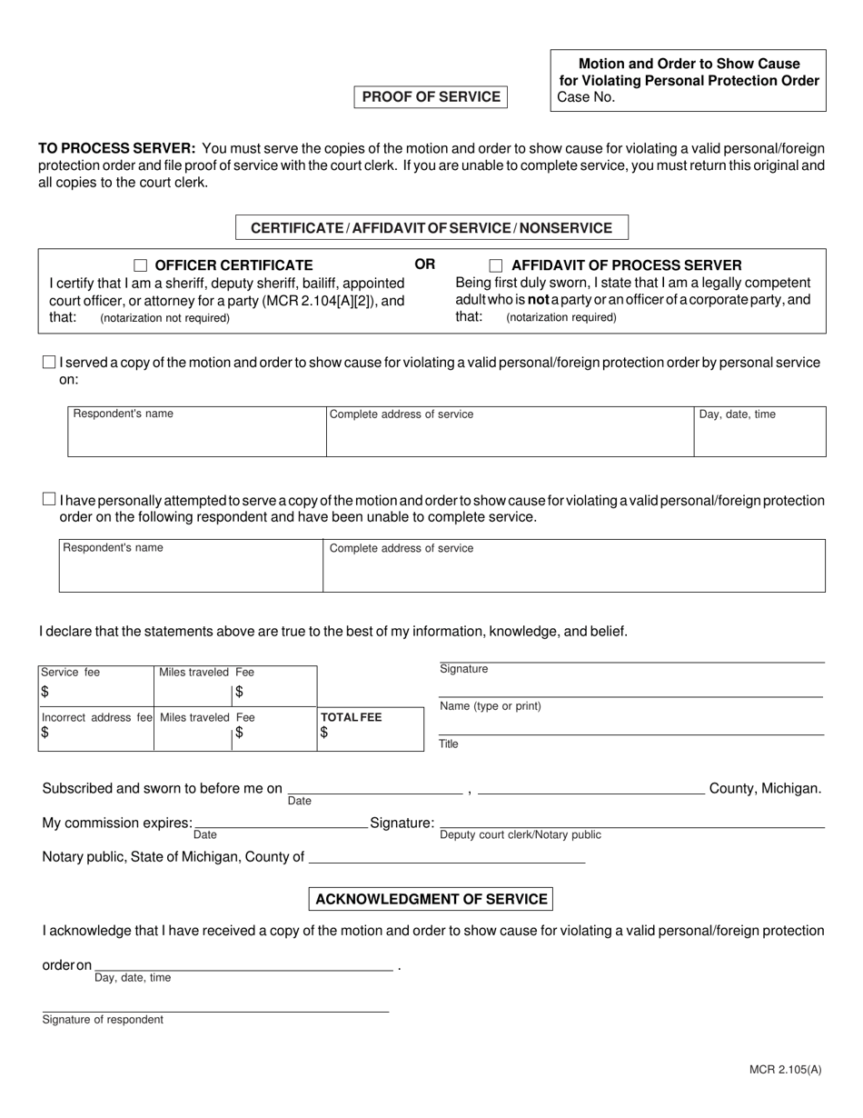 Form CC382 Motion and Order to Show Cause for Violating Valid Personal / Foreign Protection Order - Michigan, Page 5