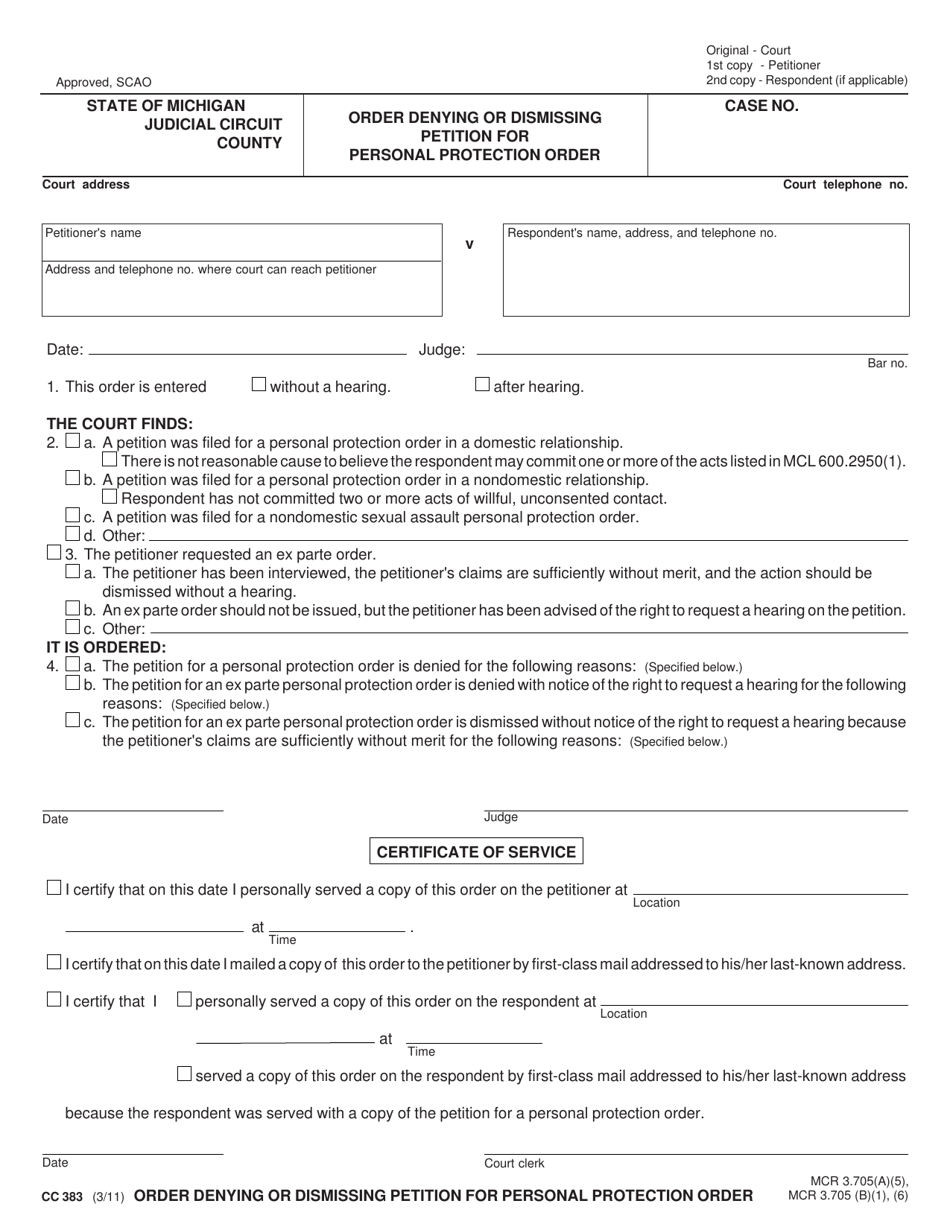 Form CC383 Order Denying or Dismissing Petition for Personal Protection Order - Michigan, Page 1