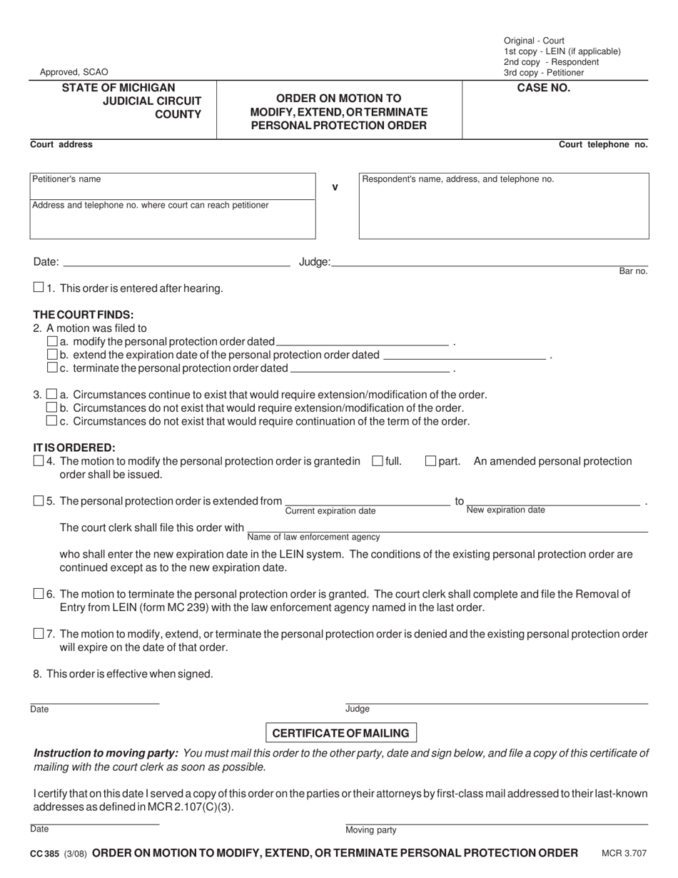 Form CC385 - Fill Out, Sign Online and Download Fillable PDF, Michigan