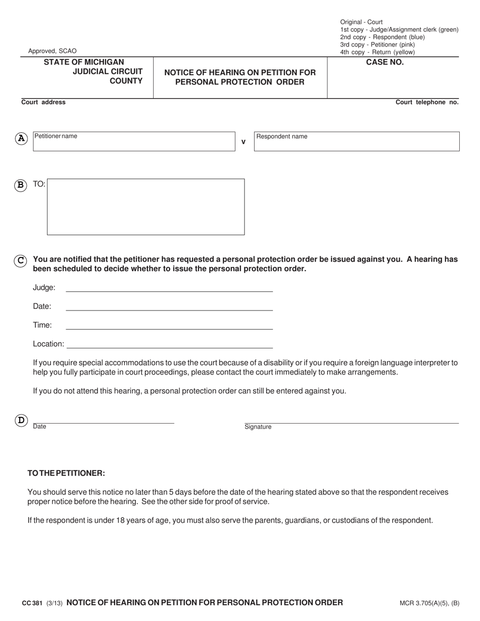 Form CC381 Notice of Hearing on Petition for Personal Protection Order - Michigan, Page 3