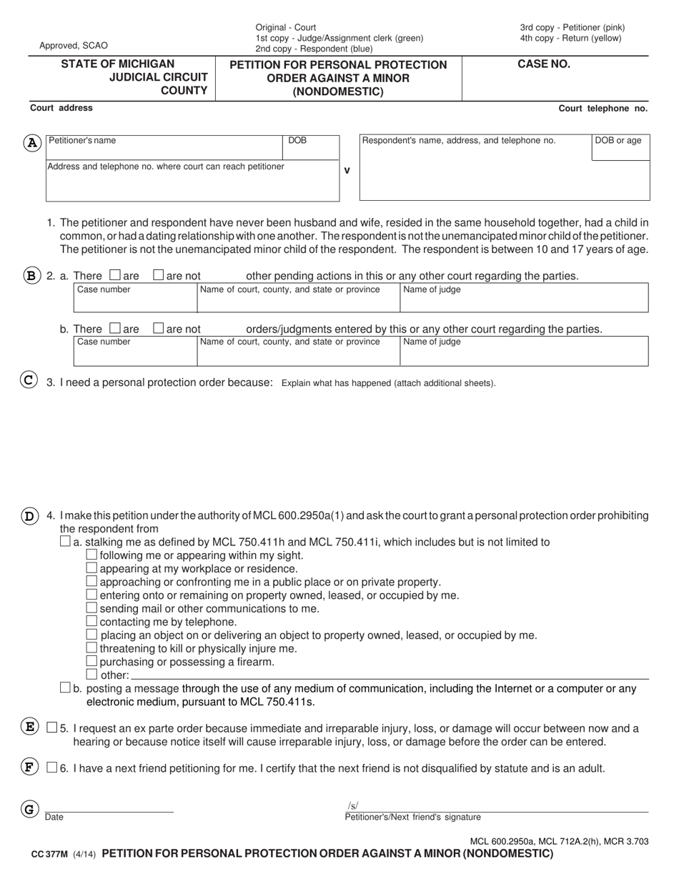Form CC377M Petition for Personal Protection Order Against a Minor (Nondomestic) - Michigan, Page 3