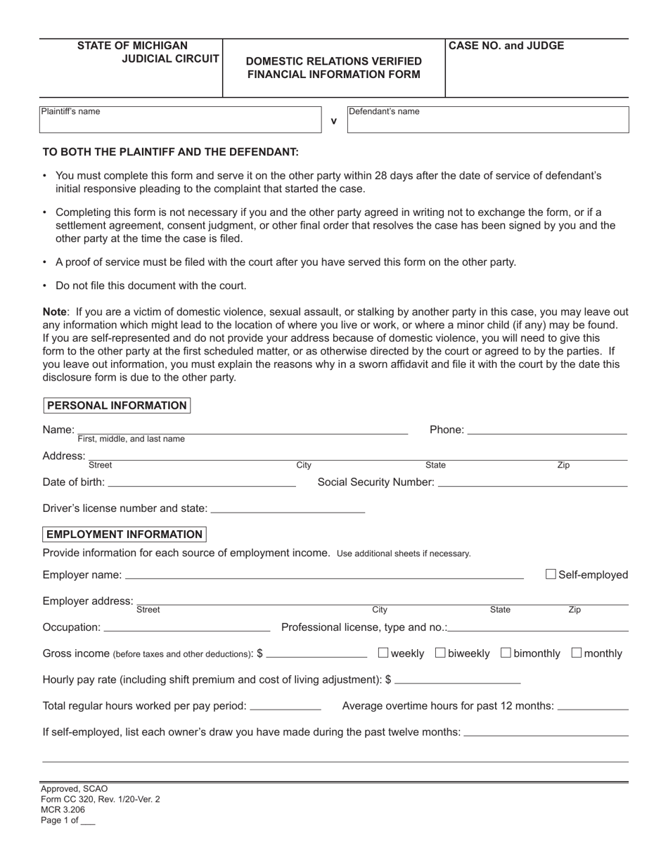 Form CC320 Domestic Relations Verified Financial Information Form - Michigan, Page 1