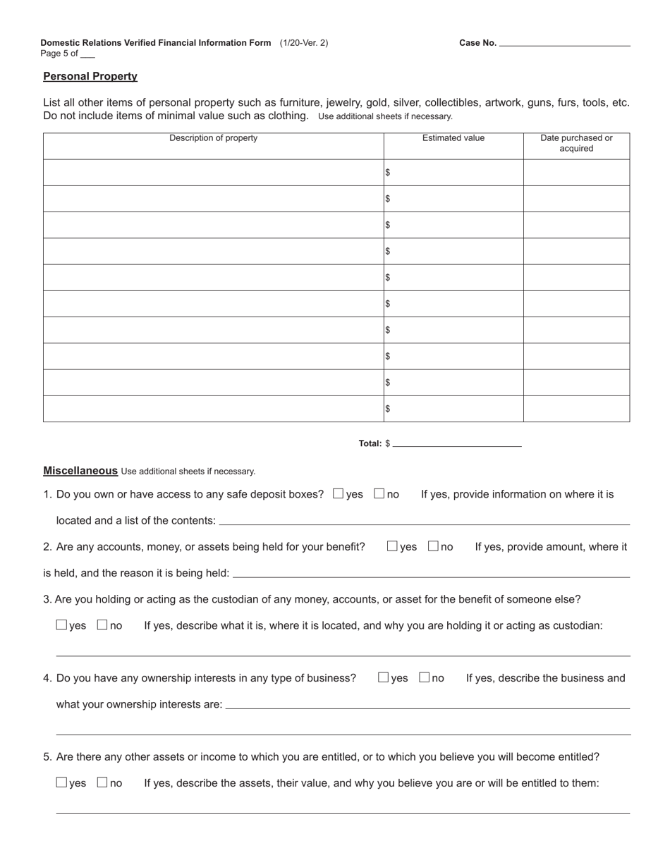 Form CC320 Domestic Relations Verified Financial Information Form - Michigan, Page 5