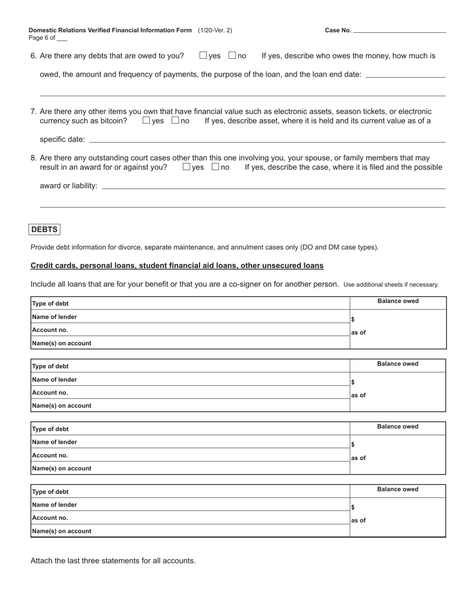 Form CC320 Domestic Relations Verified Financial Information Form - Michigan, Page 6