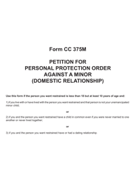 Document preview: Form CC375M Petition for Personal Protection Order Against a Minor (Domestic Relationship) - Michigan
