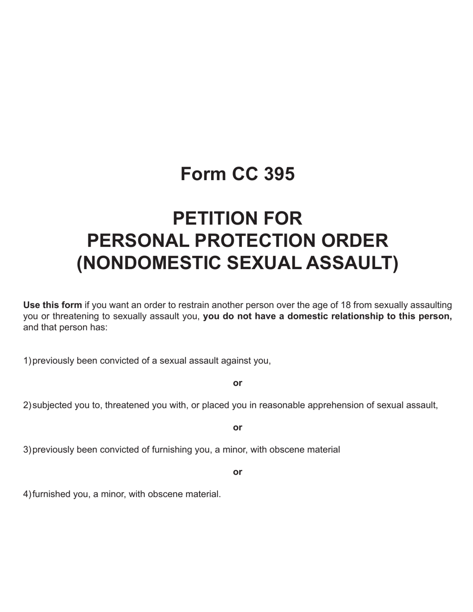 Form CC395 Petition for Personal Protection Order (Nondomestic Sexual Assault) - Michigan, Page 1