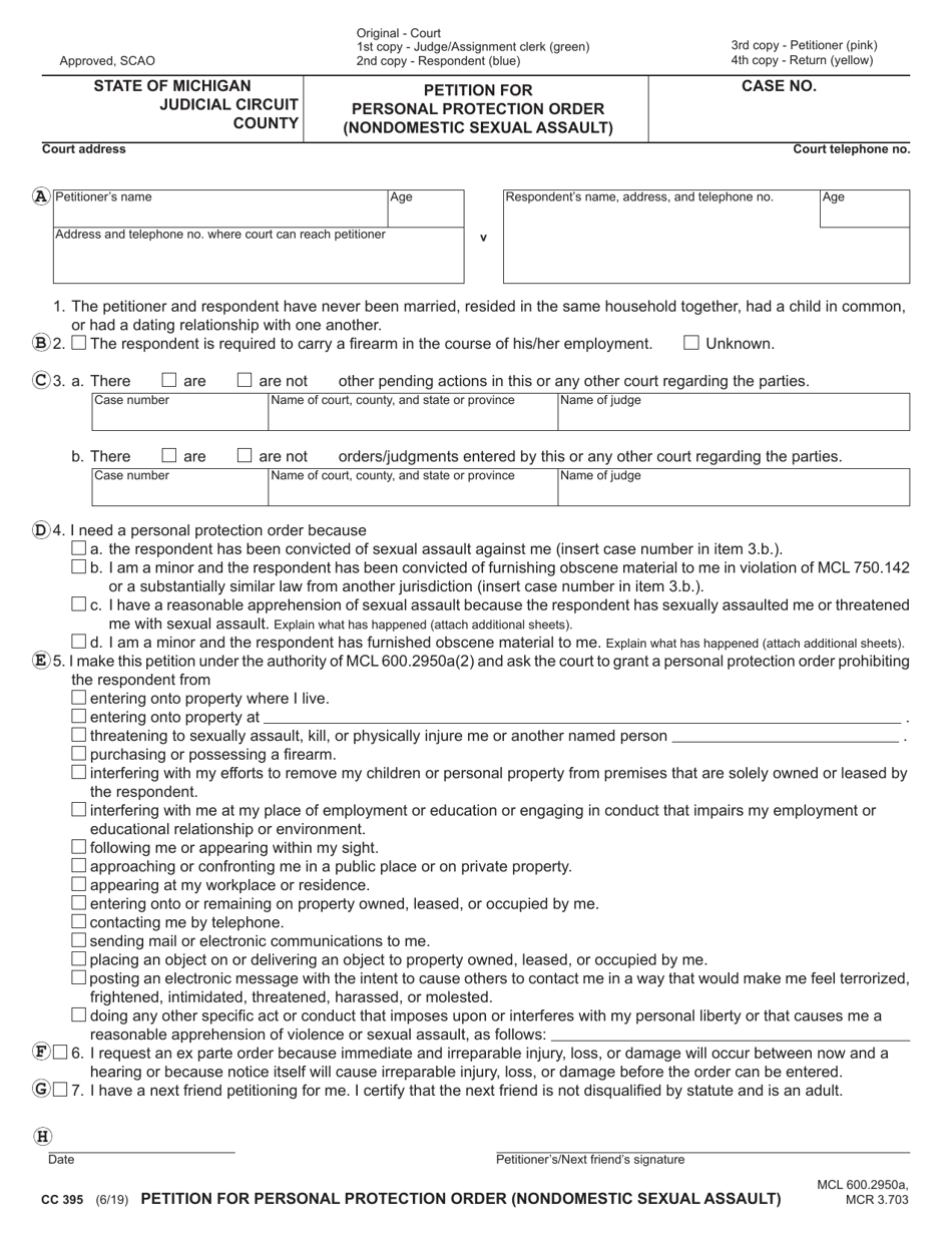Form CC395 Petition for Personal Protection Order (Nondomestic Sexual Assault) - Michigan, Page 3