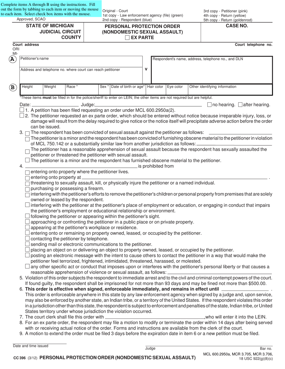 Form CC396 Personal Protection Order (Nondomestic Sexual Assault) - Michigan, Page 1