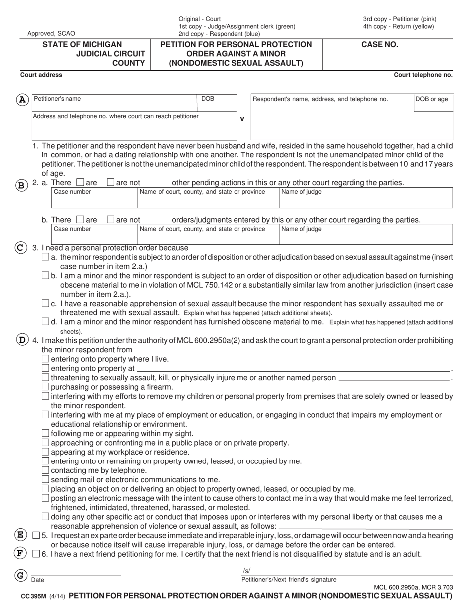 Form CC395M Petition for Personal Protection Order Against a Minor (Nondomestic Sexual Assault) - Michigan, Page 3