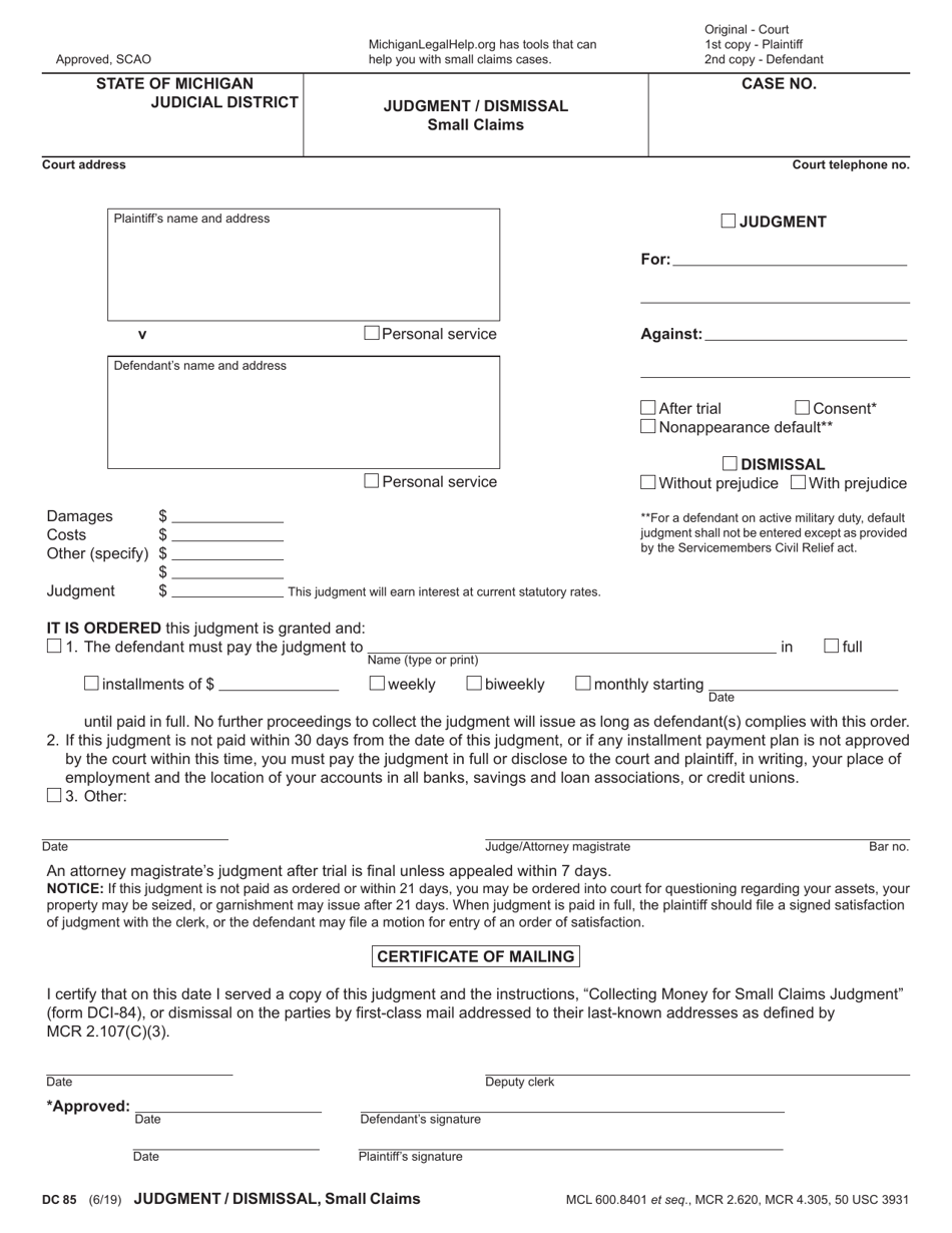 Form DC85 Judgment / Dismissal Small Claims - Michigan, Page 1