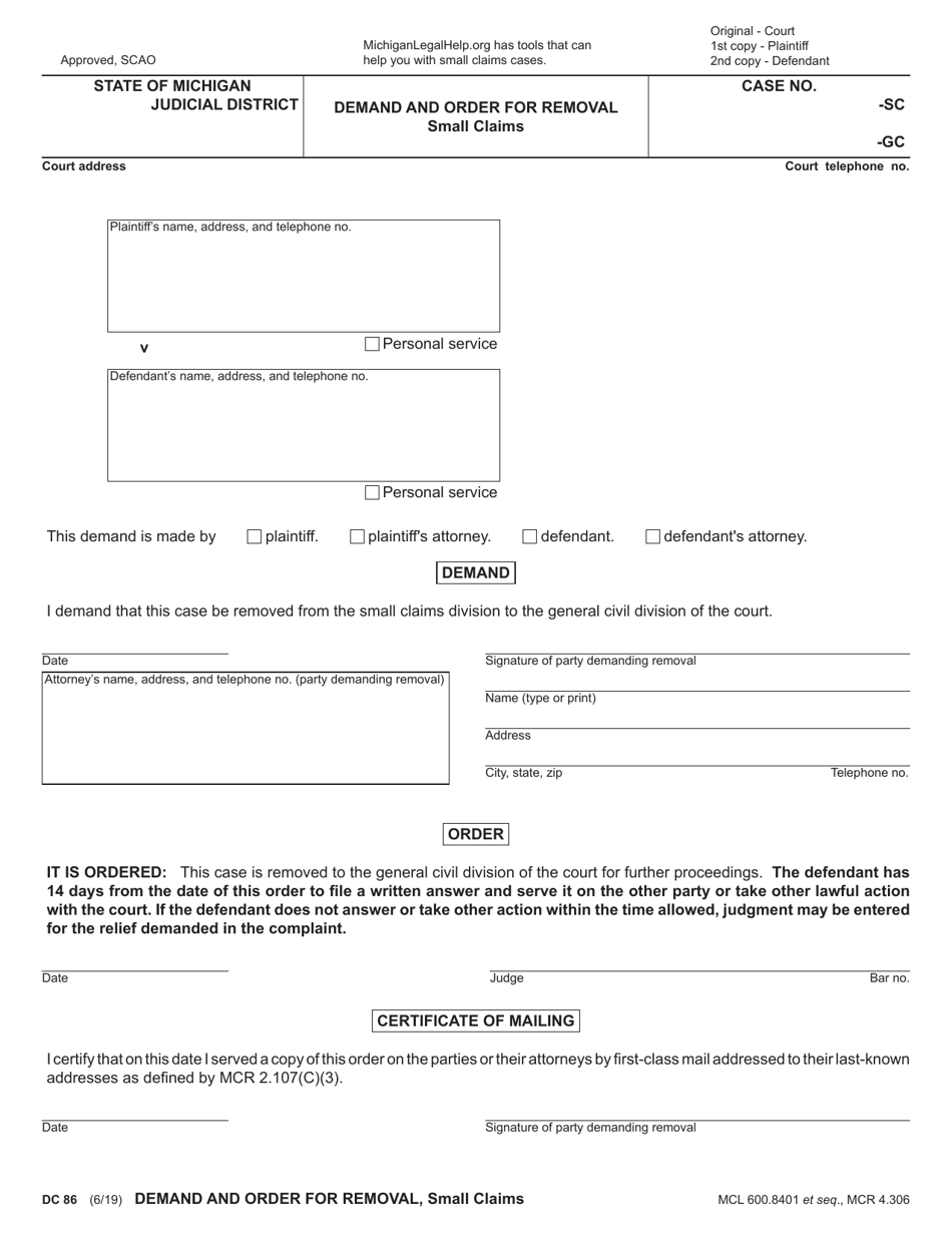 Form DC86 Demand and Order for Removal Small Claims - Michigan, Page 1