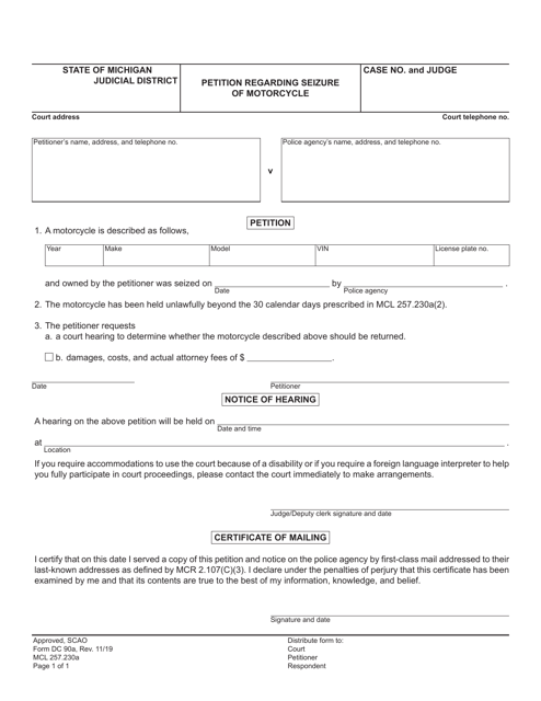 Form DC90A Petition Regarding Seizure of Motorcycle - Michigan