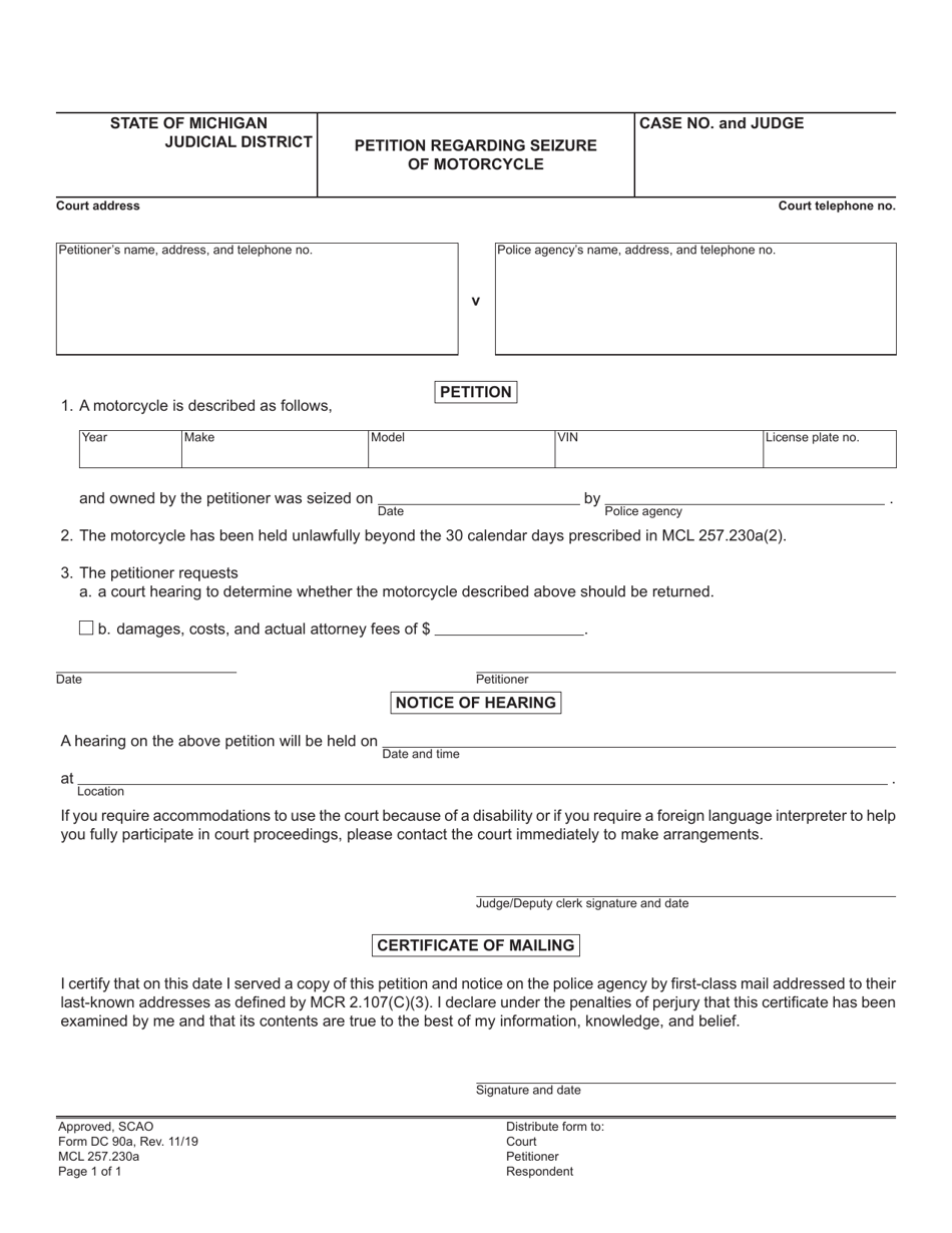 Form DC90A Petition Regarding Seizure of Motorcycle - Michigan, Page 1