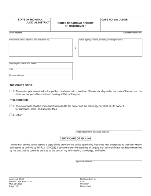Form DC91A Order Regarding Seizure of Motorcycle - Michigan