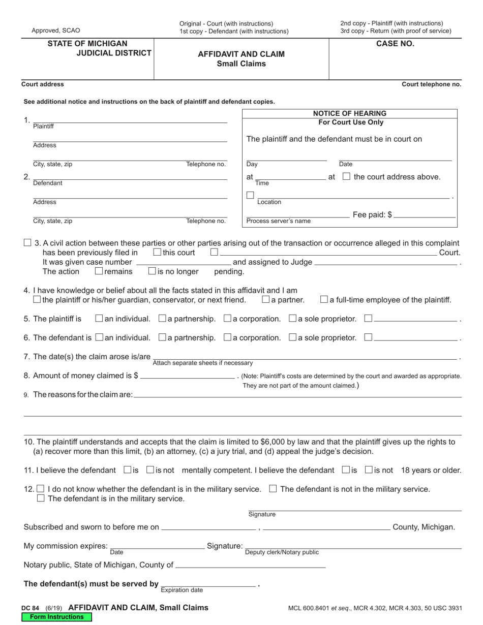 Form DC84 Affidavit and Claim, Small Claims - Michigan, Page 1