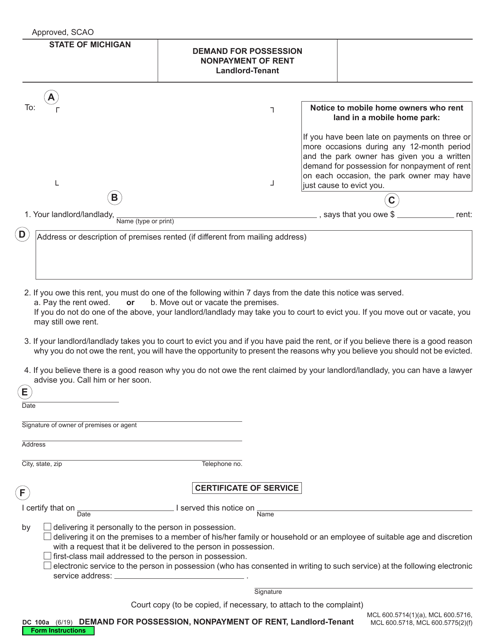 Form Dc100a Fill Out Sign Online And Download Fillable Pdf Michigan Templateroller 9953