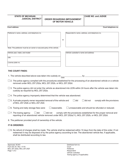 Form DC91 Order Regarding Impoundment of Motor Vehicle - Michigan