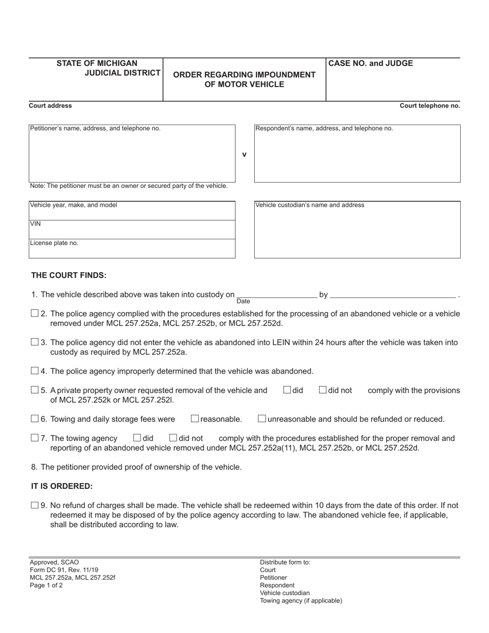 Form DC91 Order Regarding Impoundment of Motor Vehicle - Michigan, Page 1