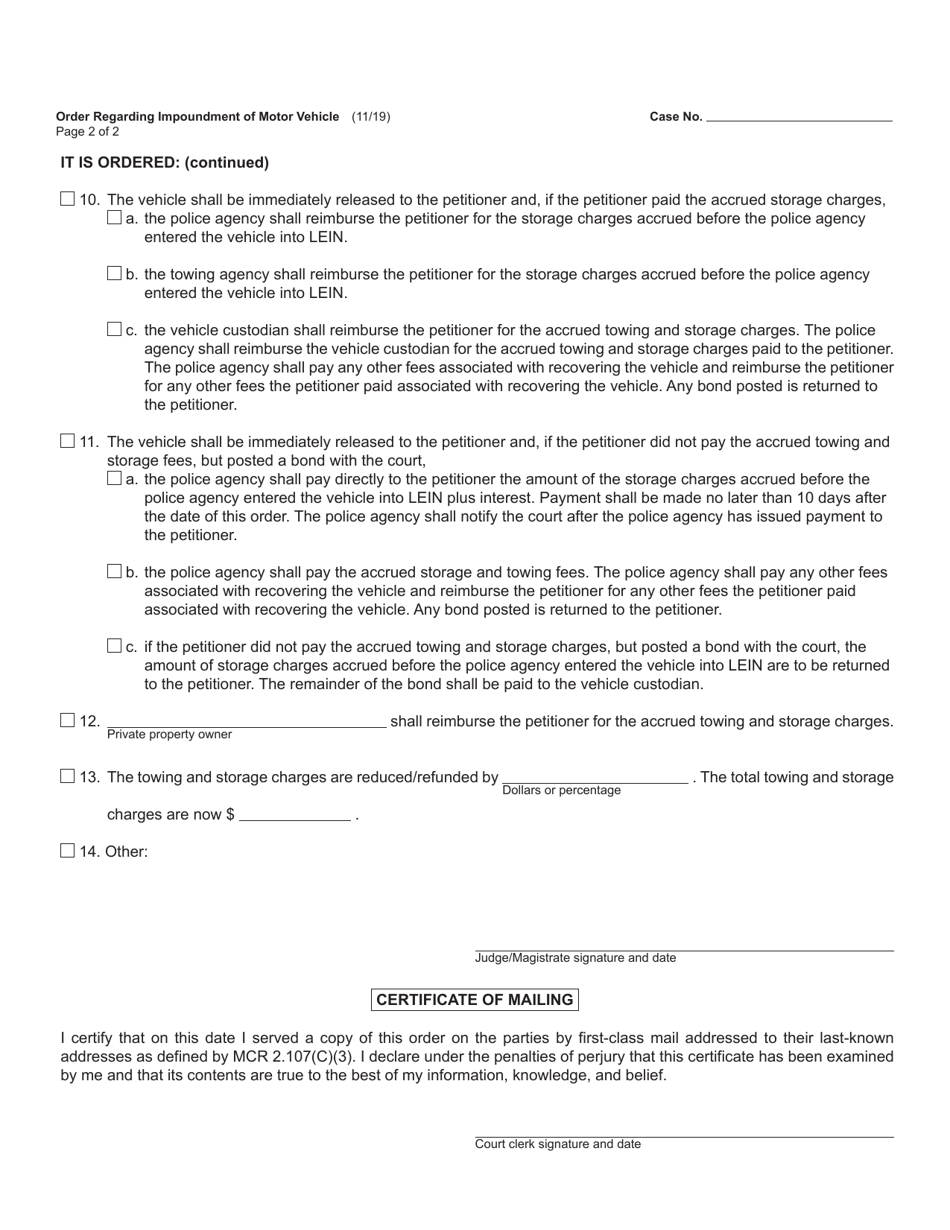 Form DC91 Order Regarding Impoundment of Motor Vehicle - Michigan, Page 2