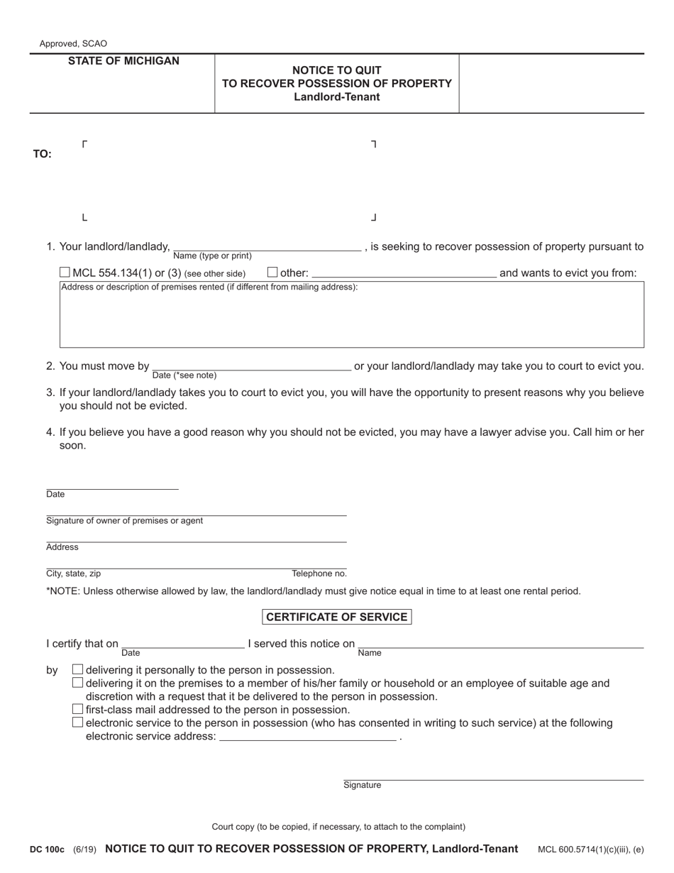 Form DC100C Notice to Quit to Recover Possession of Property Landlord-Tenant - Michigan, Page 1