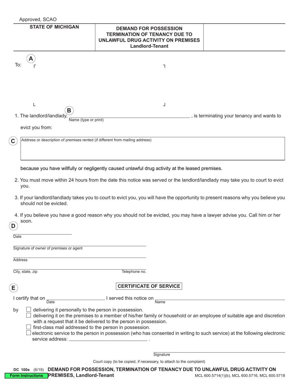 Form DC100E Demand for Possession Termination of Tenancy Due to Unlawful Drug Activity on Premises Landlord-Tenant - Michigan, Page 1