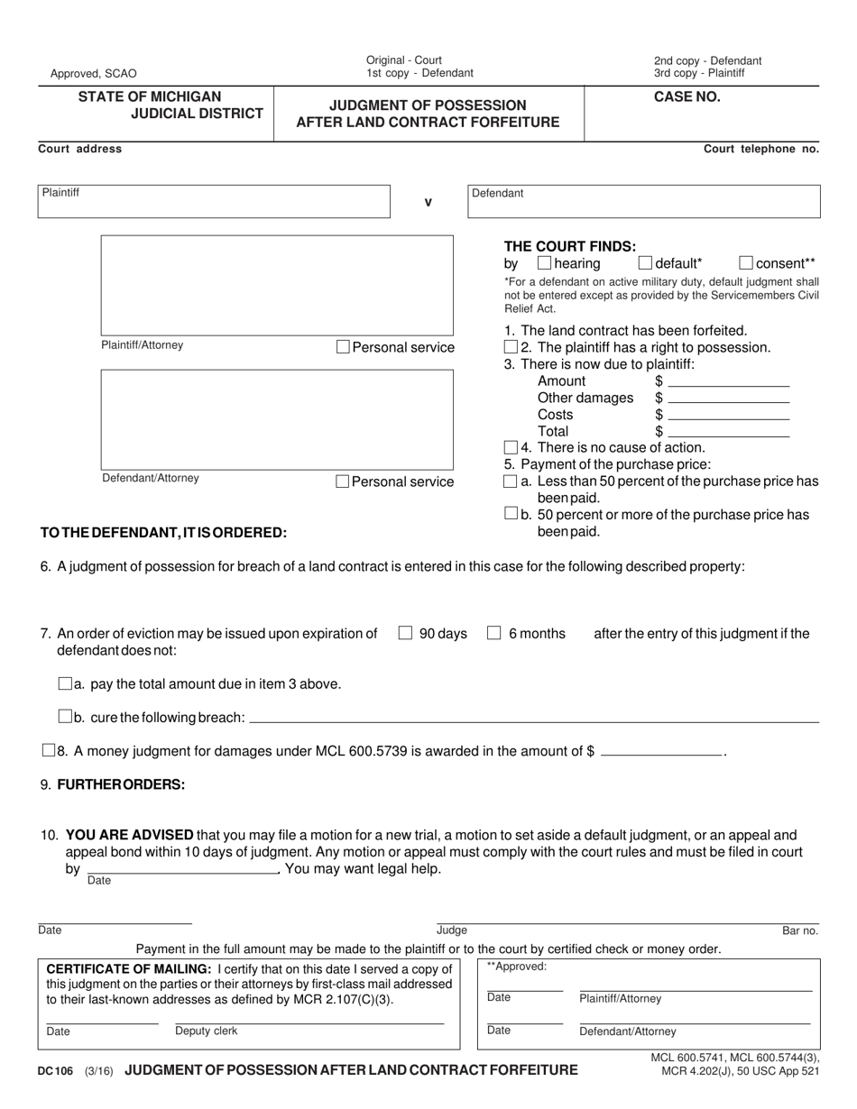 Form DC106 - Fill Out, Sign Online and Download Fillable PDF, Michigan ...