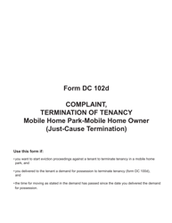 Form DC102D Complaint, Termination of Tenancy Mobile Home Park-Mobile Home Owner (Just-Cause Termination) - Michigan
