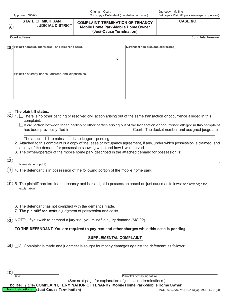 Form DC102D Complaint, Termination of Tenancy Mobile Home Park-Mobile Home Owner (Just-Cause Termination) - Michigan, Page 2