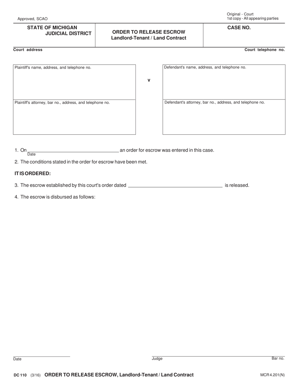 Form DC110 Order to Release Escrow Landlord-Tenant / Land Contract - Michigan, Page 1