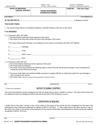 Document preview: Form DC119 Order Regarding Dangerous Animal - Michigan