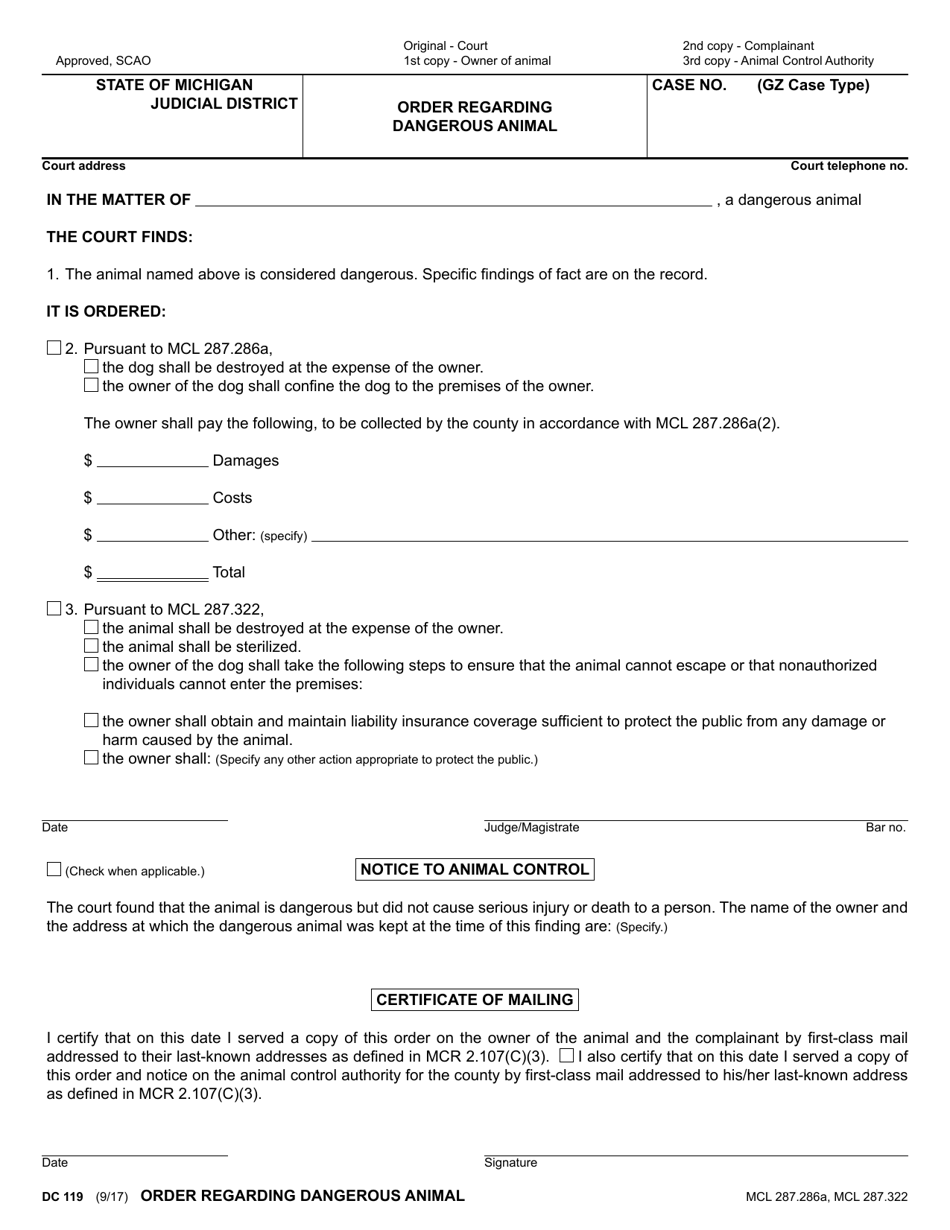 Form DC119 Order Regarding Dangerous Animal - Michigan, Page 1