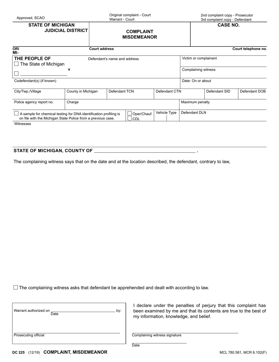 Form DC225 Complaint Misdemeanor - Michigan, Page 1