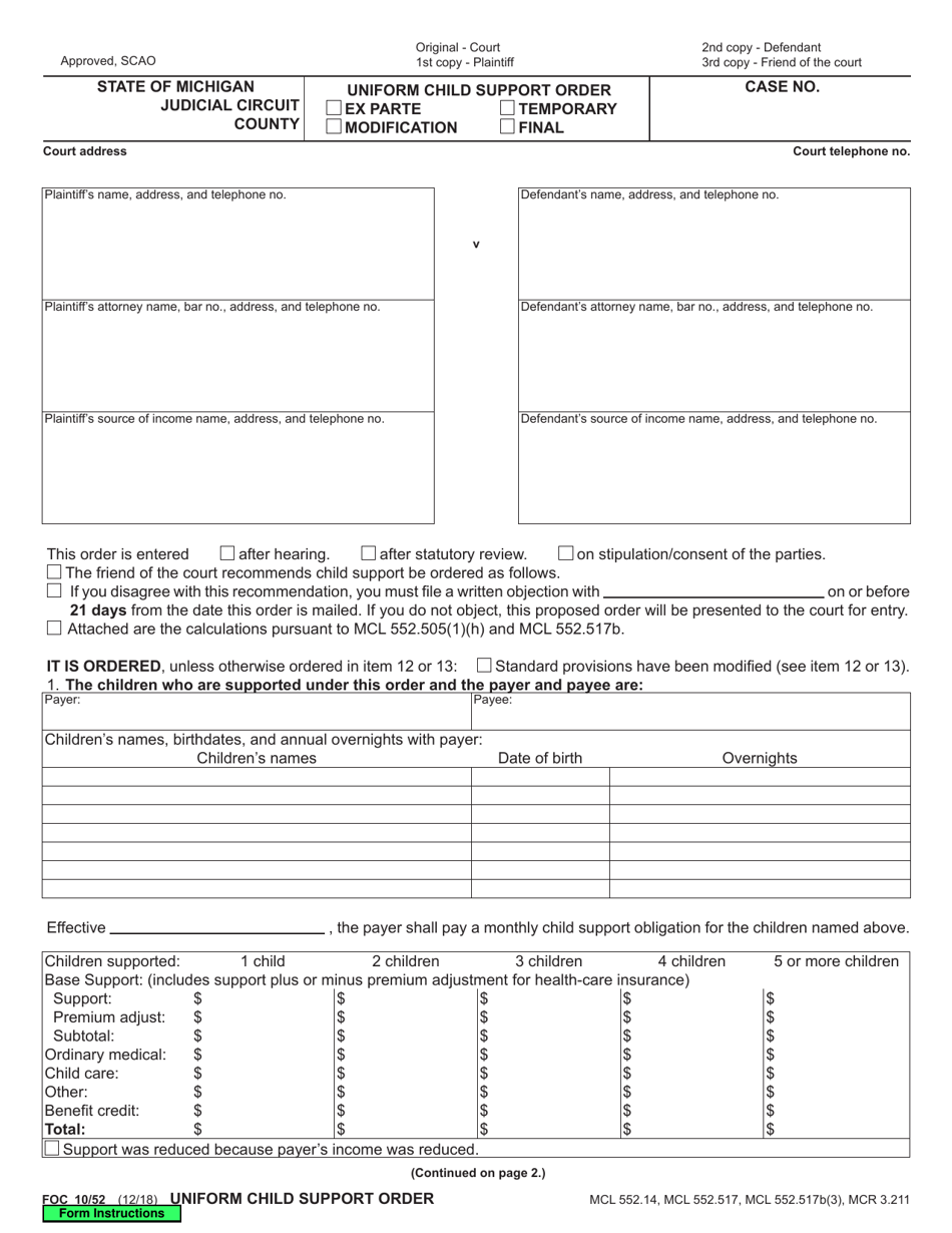 Form FOC10 / 52 Uniform Child Support Order - Michigan, Page 1