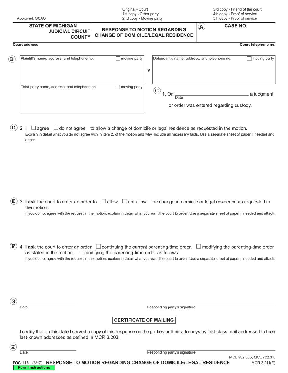 Form FOC116 Response to Motion Regarding Change of Domicile / Legal Residence - Michigan, Page 1