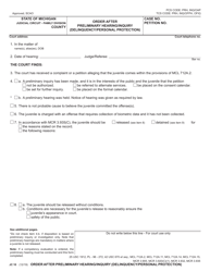 Document preview: Form JC10 Order After Preliminary Hearing/Inquiry (Delinquency/Personal Protection) - Michigan