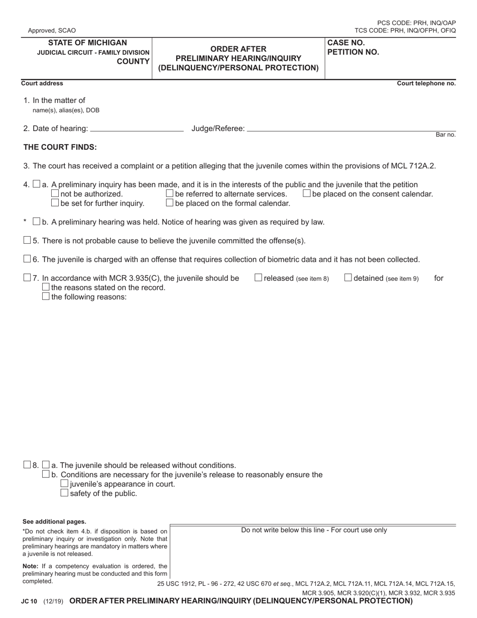 Form JC10 Order After Preliminary Hearing / Inquiry (Delinquency / Personal Protection) - Michigan, Page 1