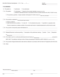 Form JC10 Order After Preliminary Hearing/Inquiry (Delinquency/Personal Protection) - Michigan, Page 3